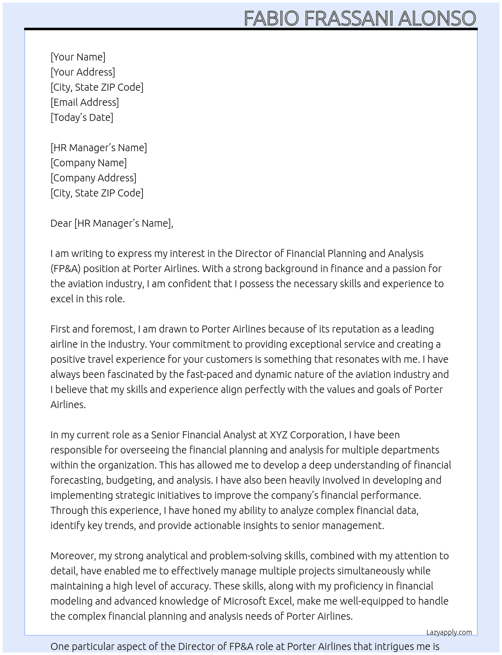 Director FP&A At Porter Airlines Cover Letter