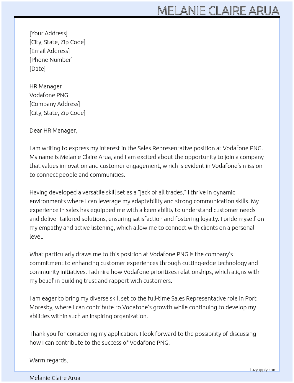 Sale Representive  At Vodaphone PNG Cover Letter