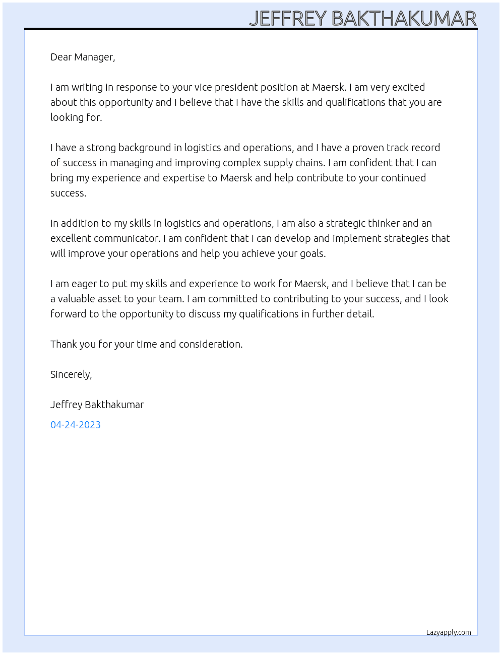 vice president  At maersk Cover Letter