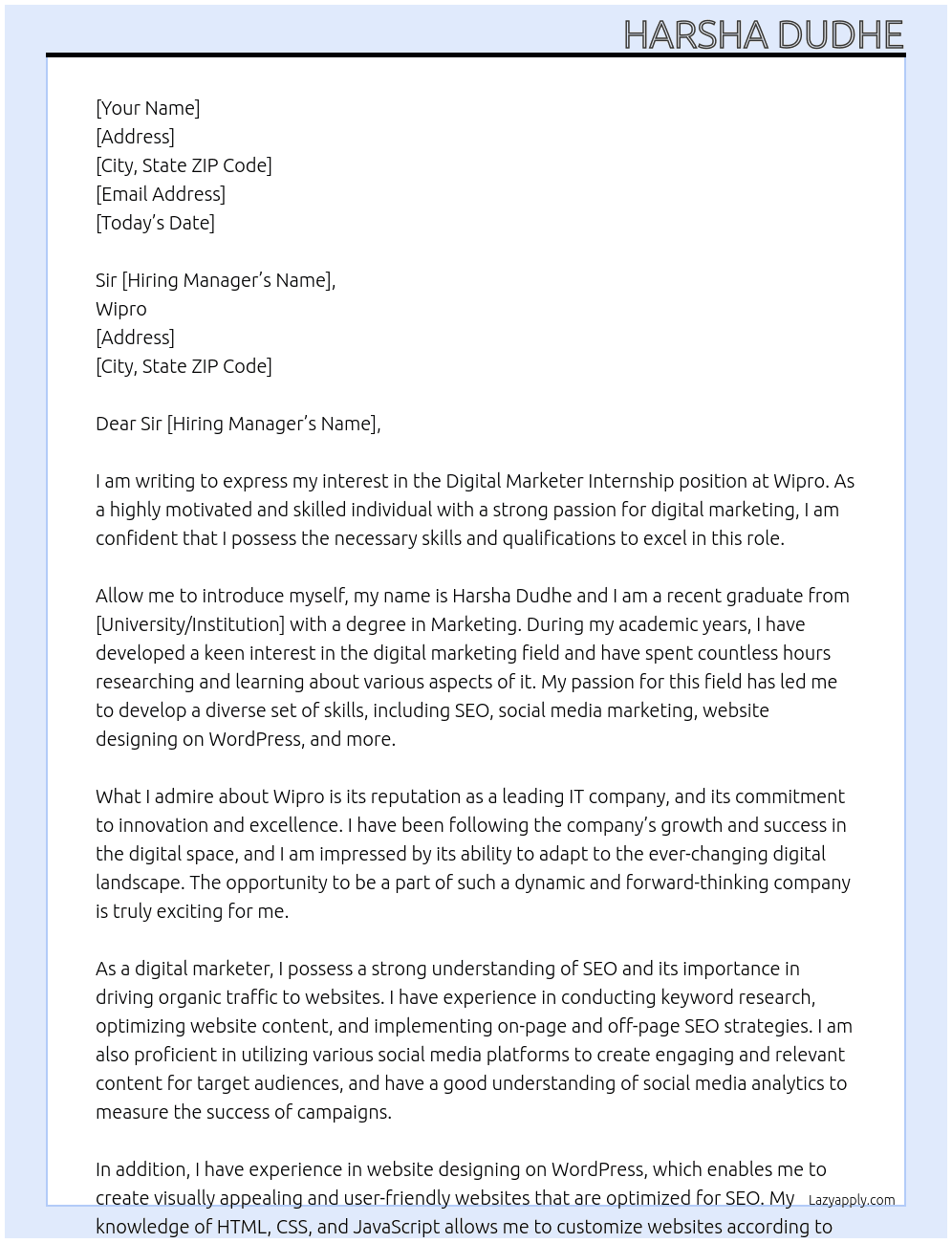 Digital marketer At Wipro  Cover Letter