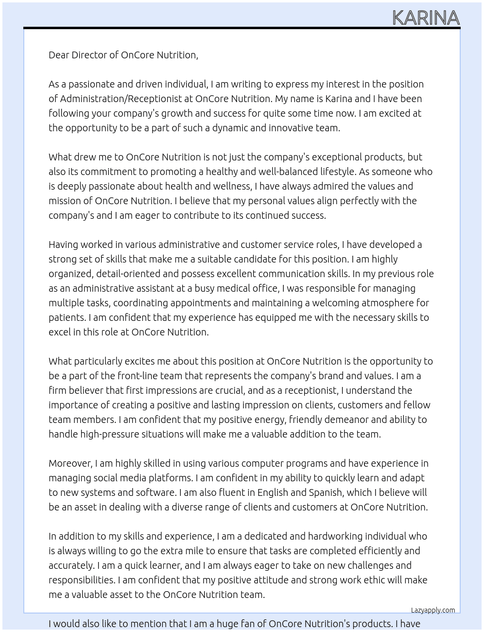Administration / Receptionist - OnCore Nutrition At OnCore Nutrition Cover Letter