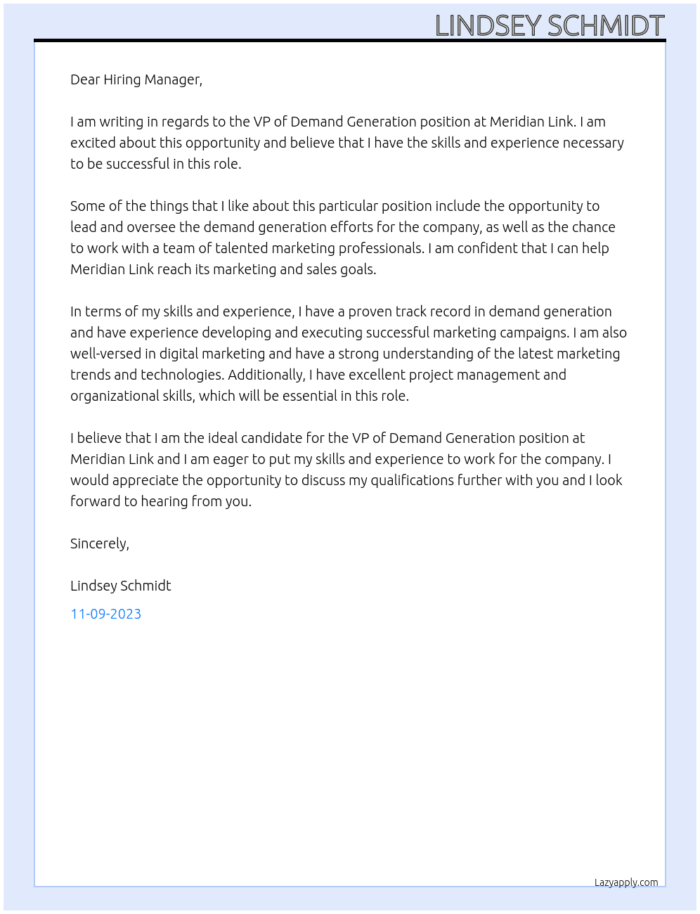 VP of Demand Generation At Meridian Link Cover Letter