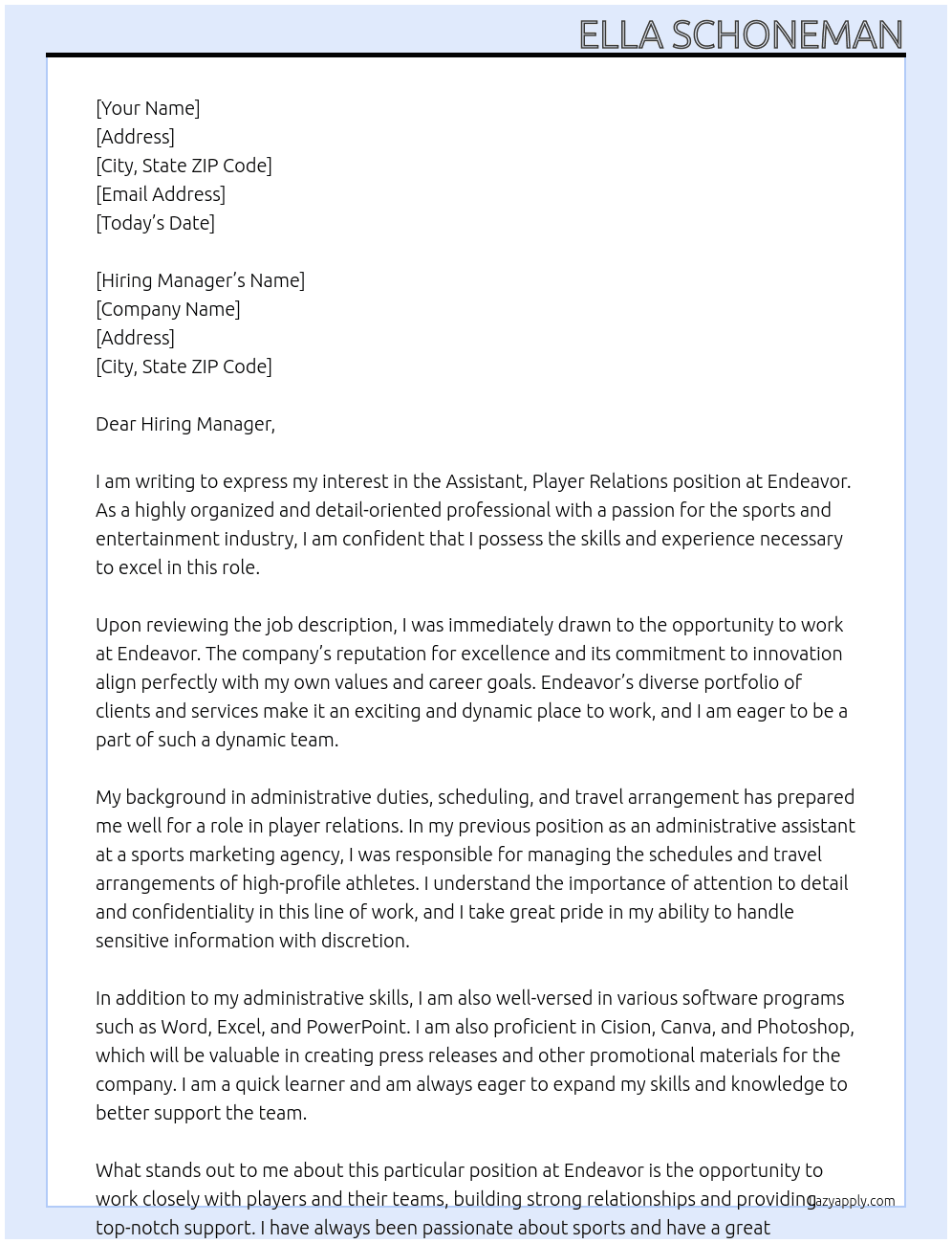 Assistant, Player Relations At Endeavor Cover Letter