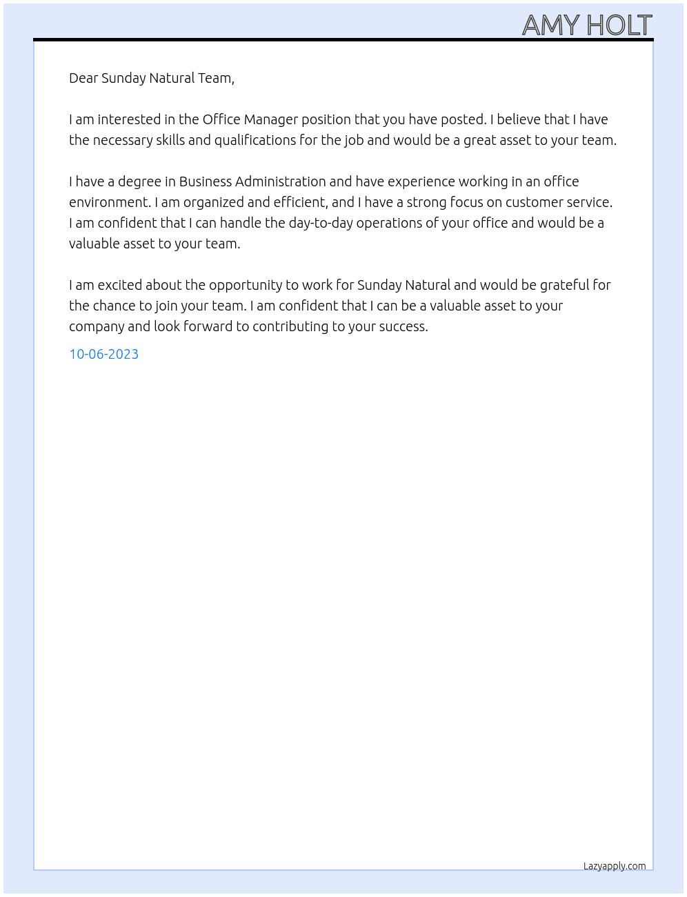 Office Manager At Sunday Natural Cover Letter