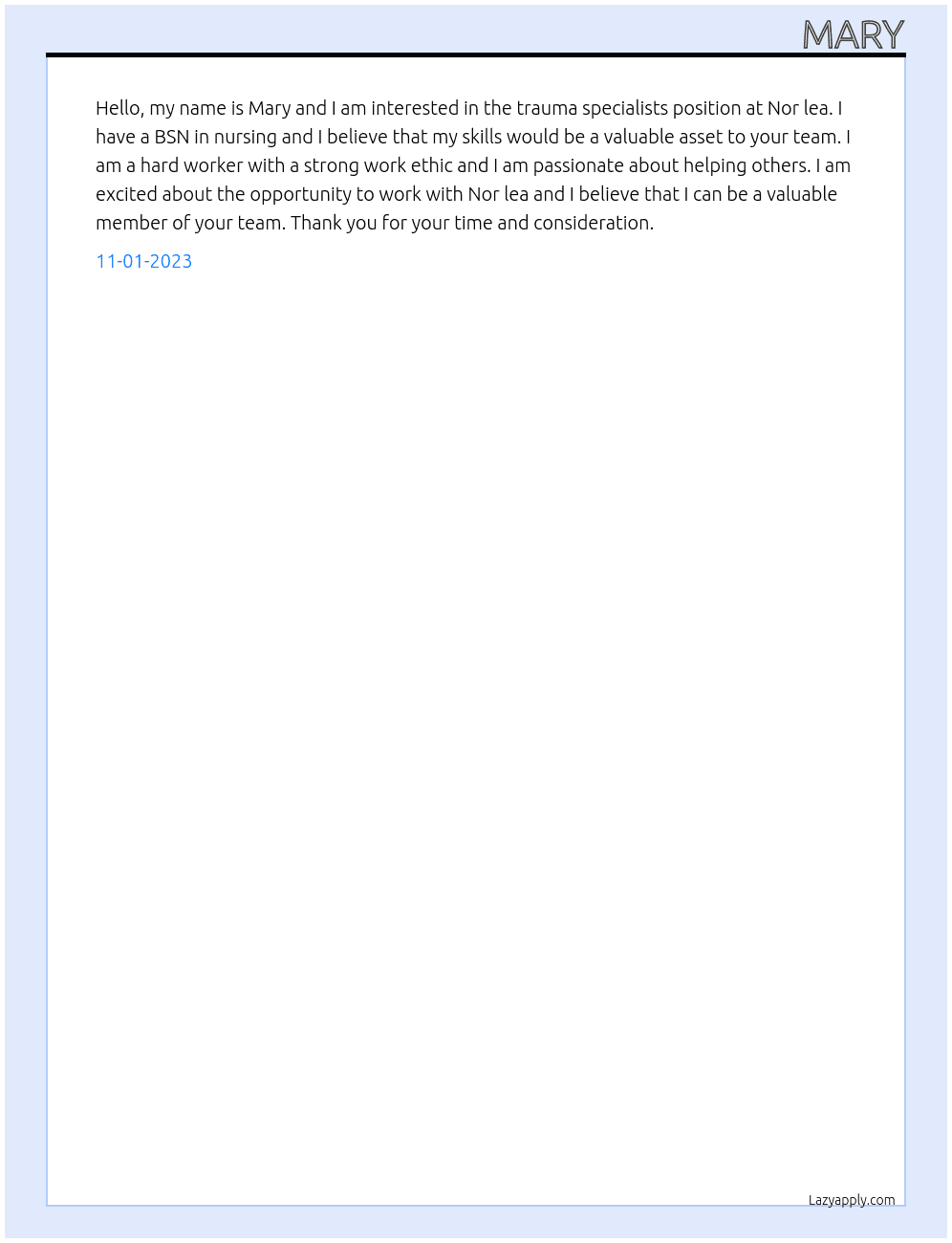 Trauma specialists  At Nor lea Cover Letter