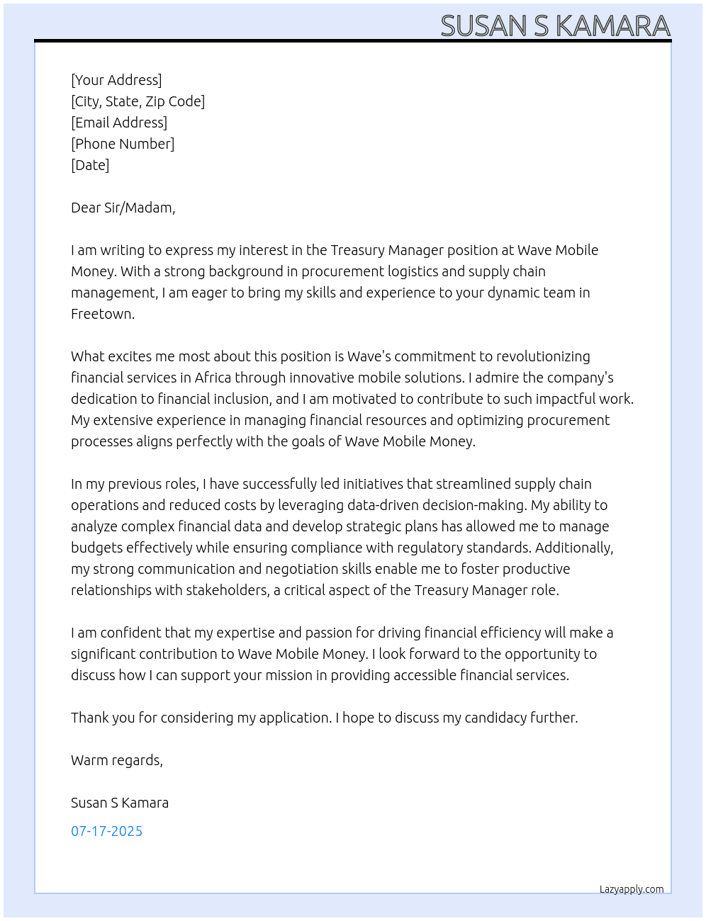 Cover letter for treasury manager - LazyApply