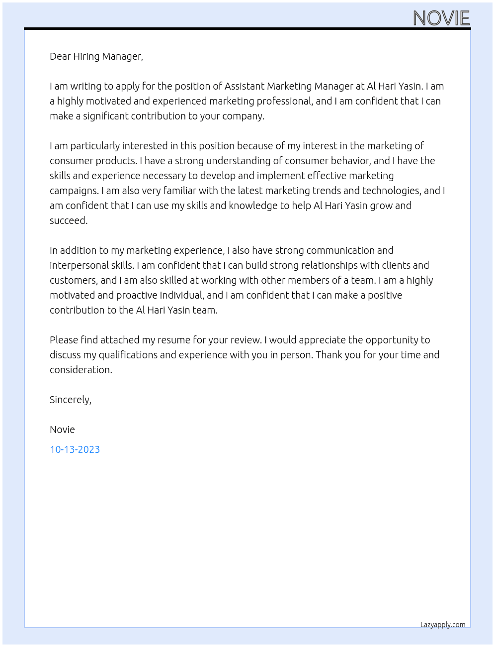 ASSISTANT MARKETING MANAGER At AL HARI YASIN Cover Letter