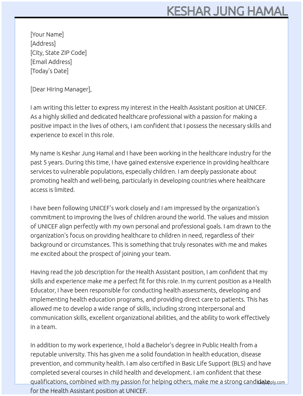 Health assistant At UNICEF  Cover Letter