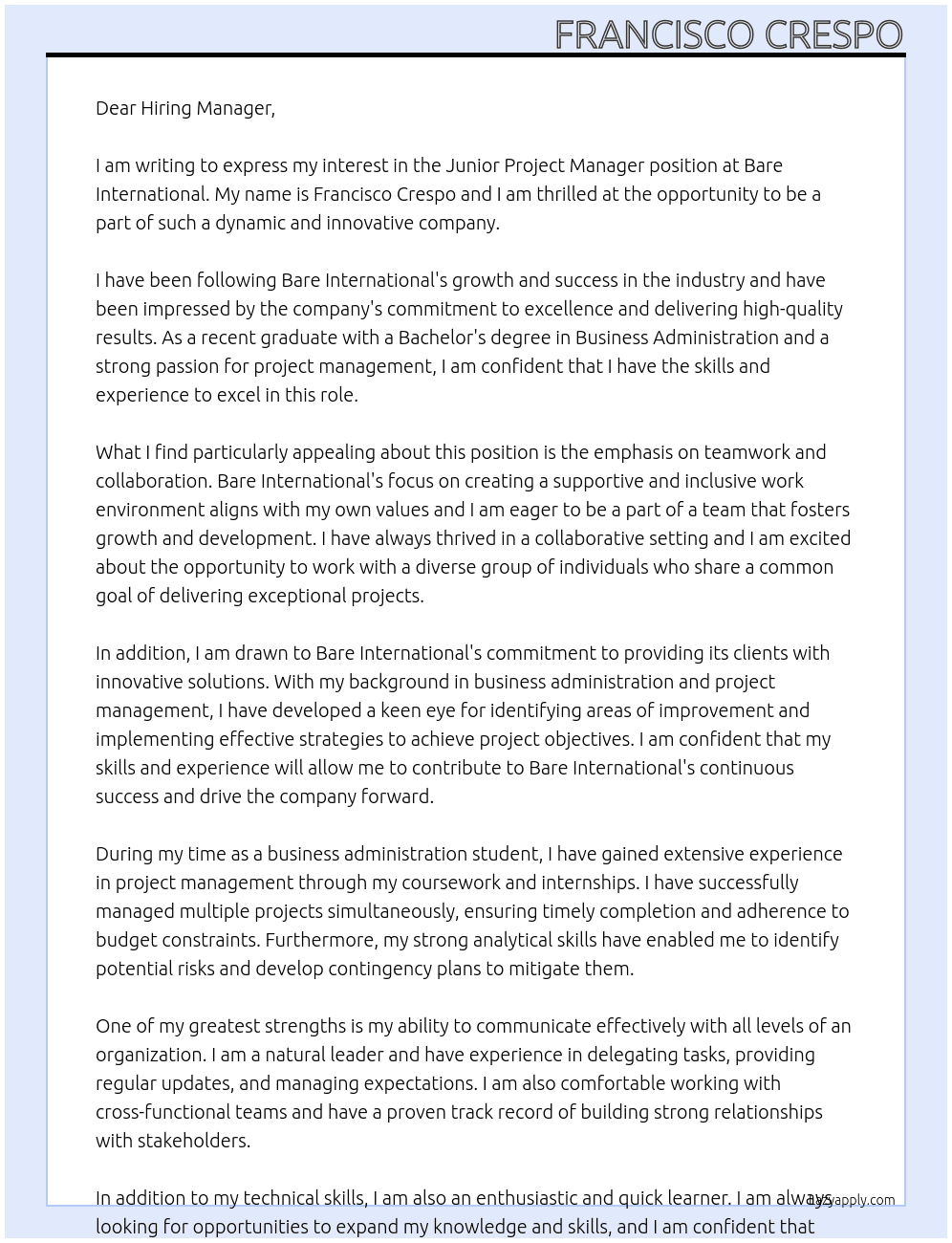 Junior Project Manager At Bare International Cover Letter