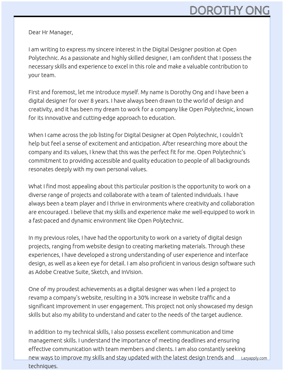 Digital Designer At Open Polytechnic Cover Letter