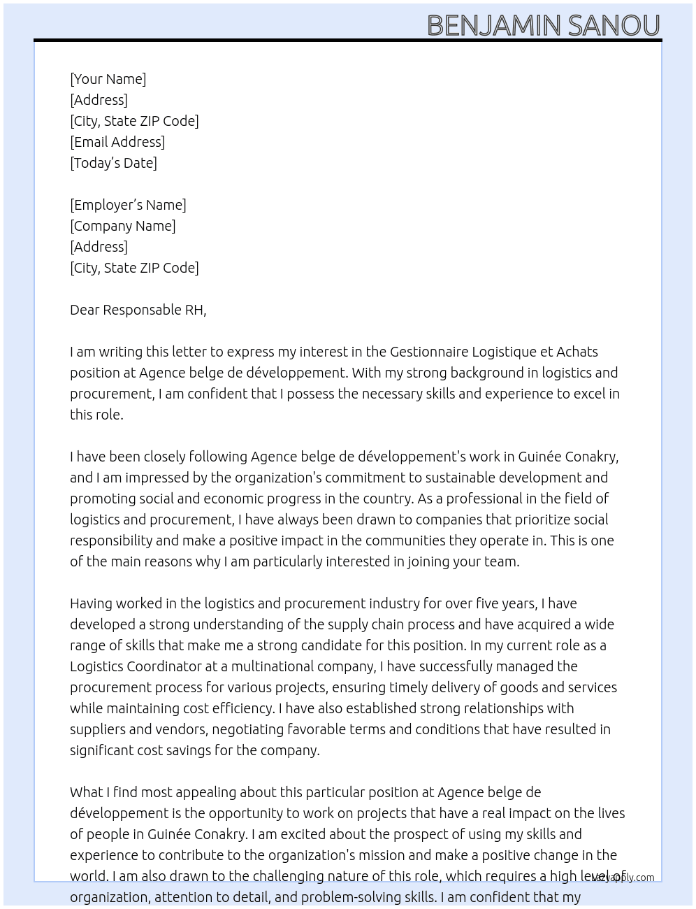 Gestionnaire Logistique et Achats At Agence belge de développement Cover Letter