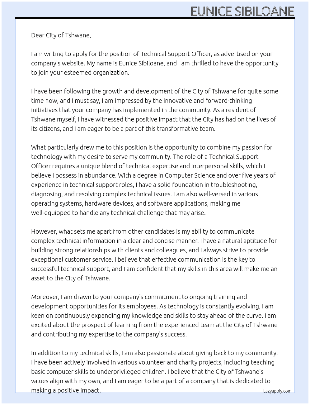 Technical Support Officer At City of Tshwane Cover Letter