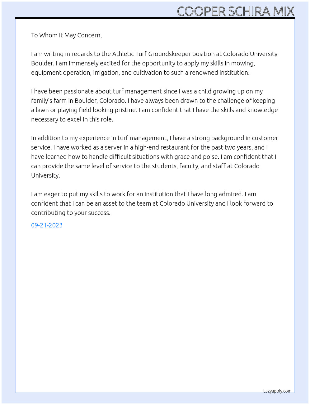 Athletic Turf Groundskeeper At Colorado University Cover Letter