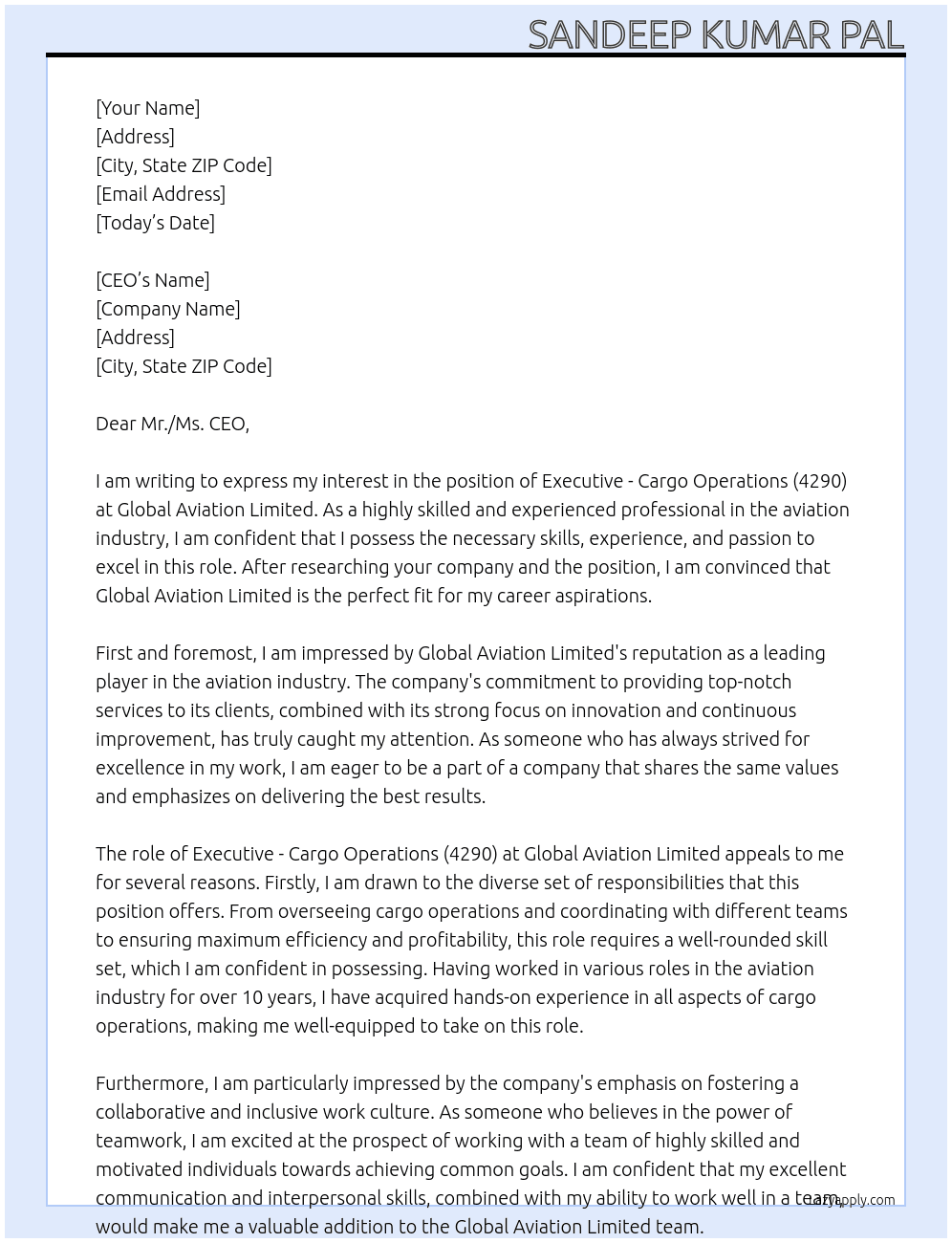 Executive -cargo operations (4290) At Global aviation limited  Cover Letter