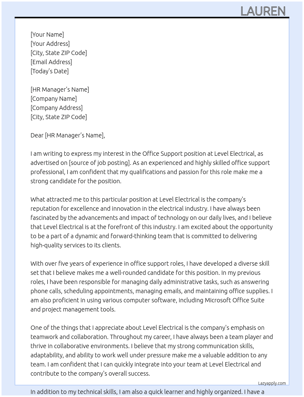 Office support  At Level electrical  Cover Letter