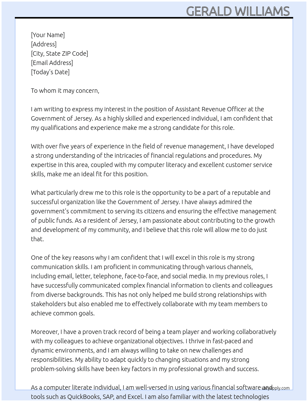 Assistant Revenue Officer  At Government of Jersey  Cover Letter