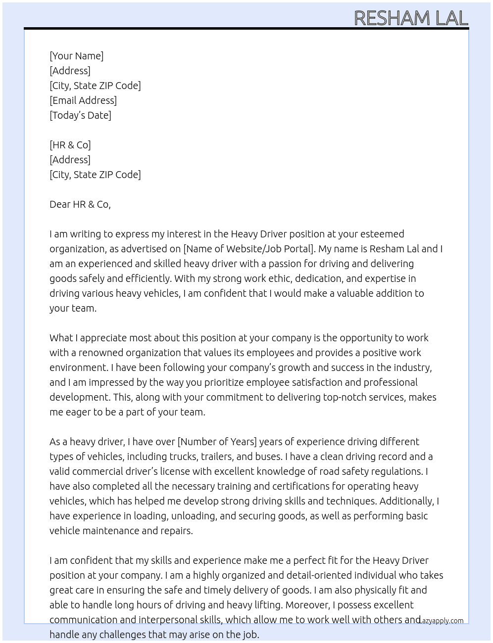 Heavy driver  At Any vacancy  Cover Letter