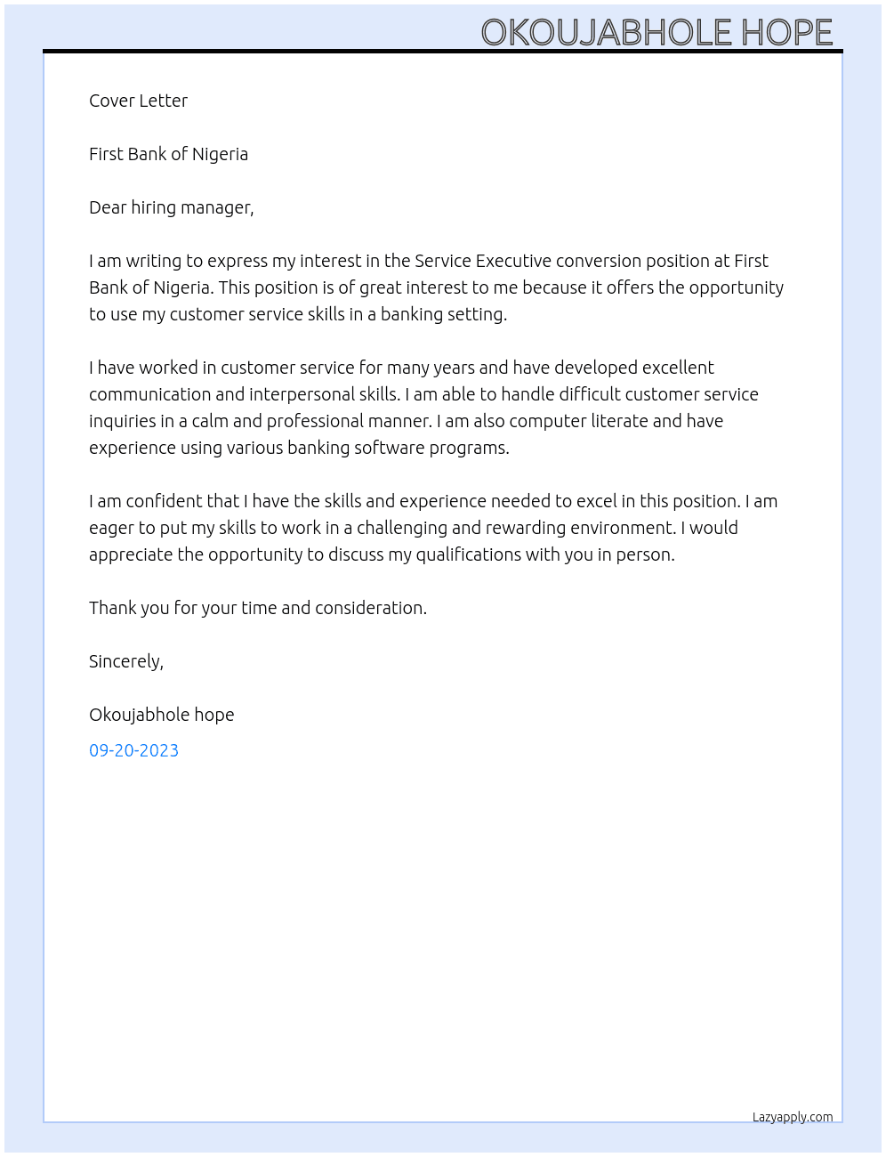 Service Executive conversion  At First of Nigeria  Cover Letter
