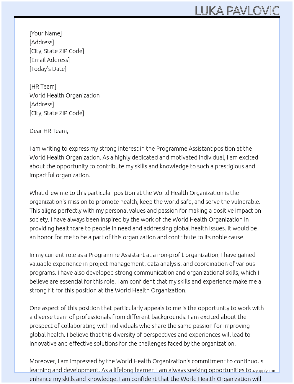 Programme Assistant At World Health Organization Cover Letter