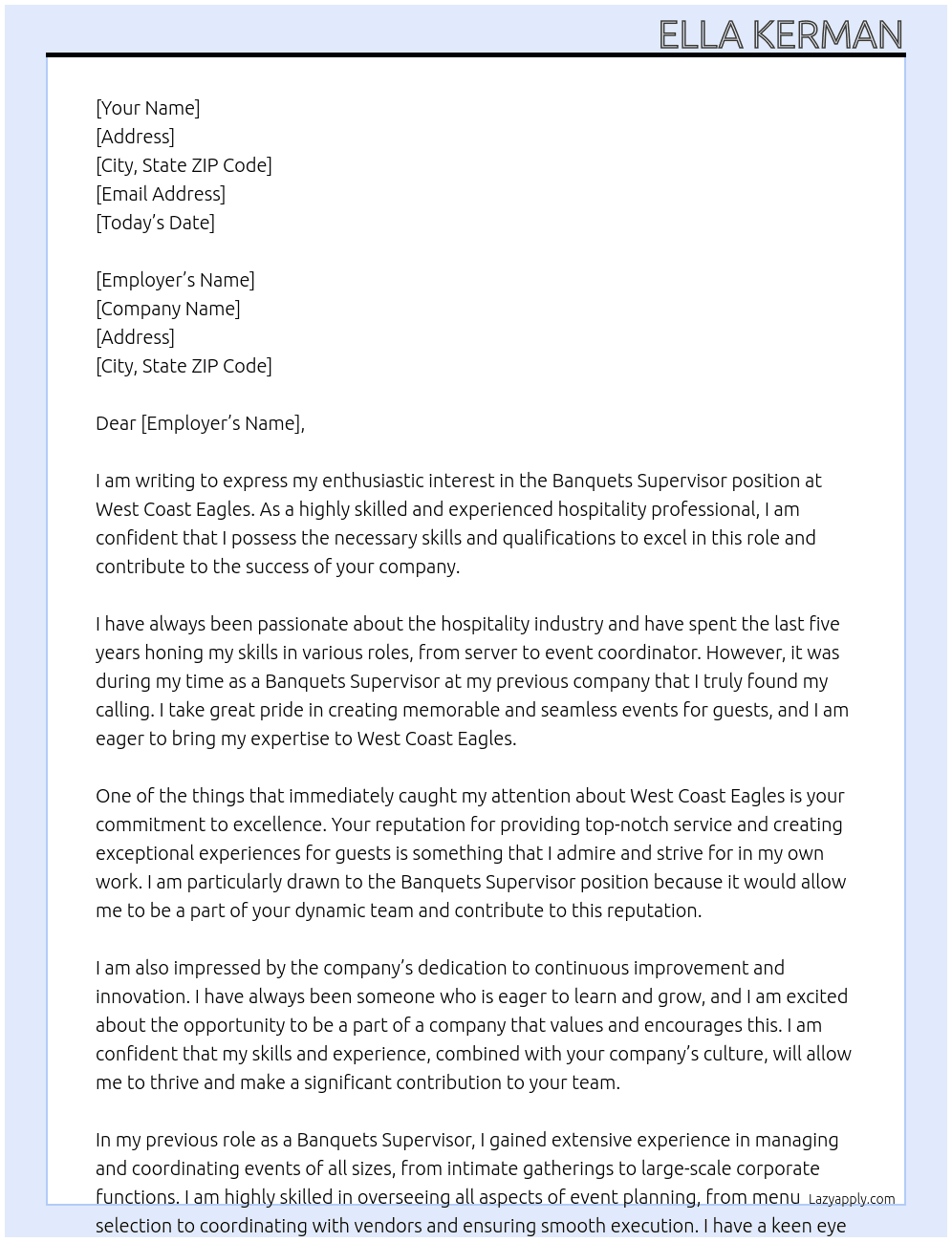 Banquets Superviser At West Coast Eagles Cover Letter