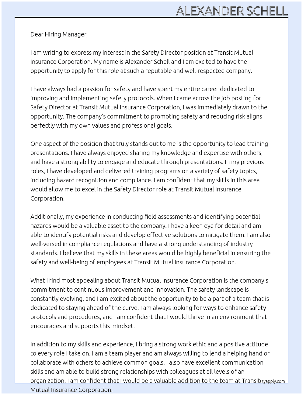 Safety Director At Transit Mutual Insurance Corporation Cover Letter