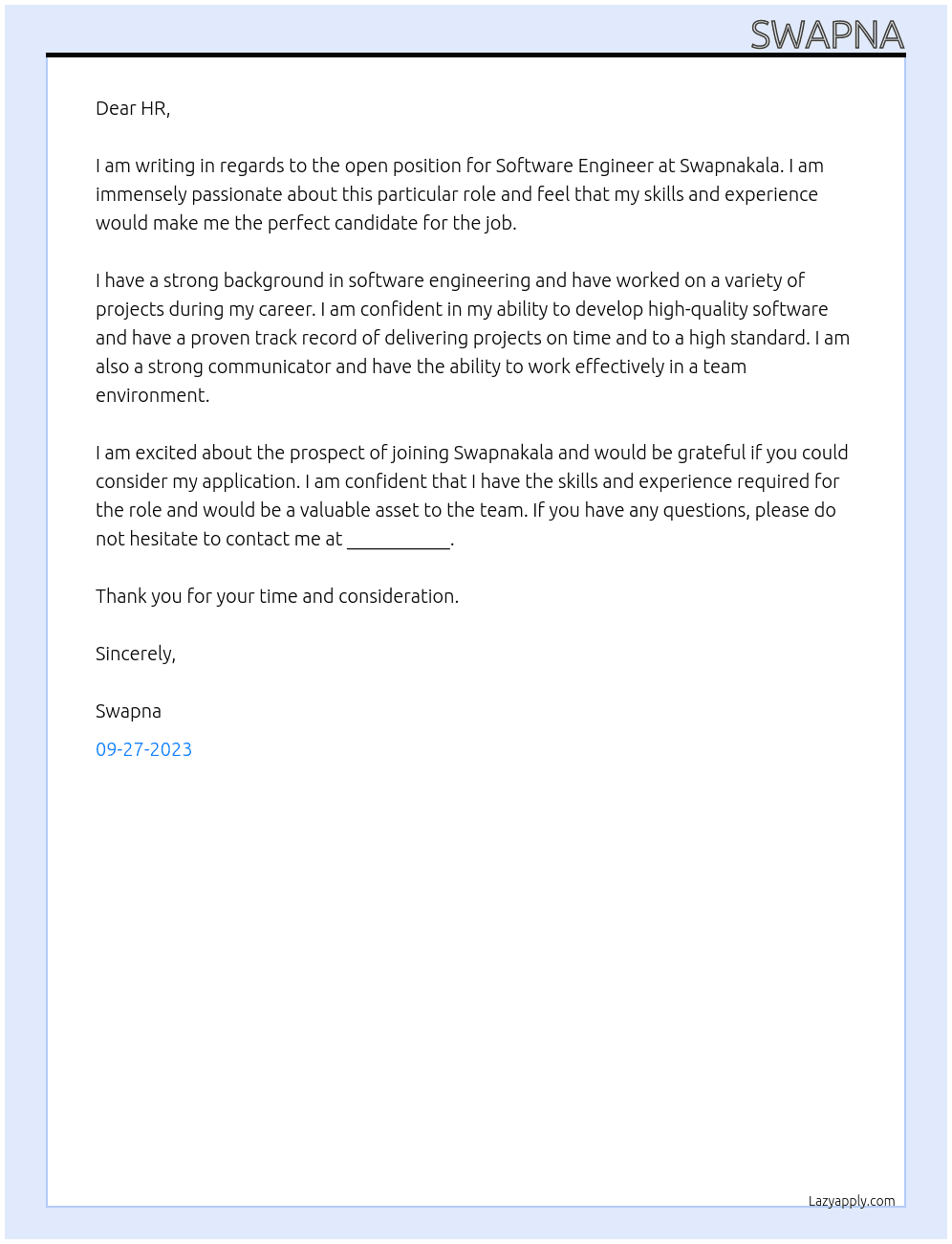 Software Engineer At Swapnakala Cover Letter