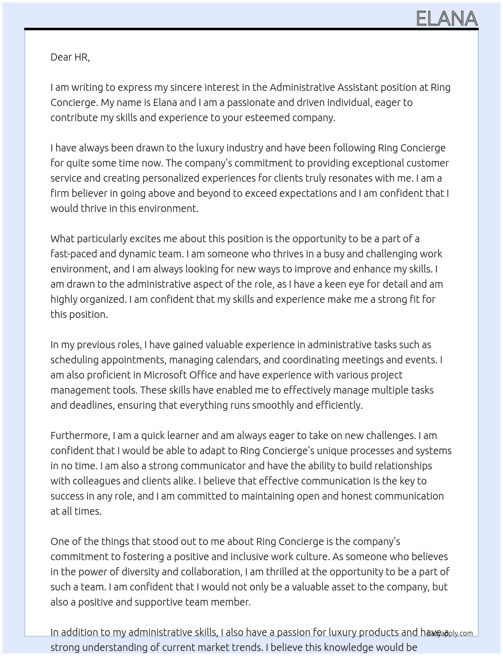 Administrative Assistant  At Ring Concierge  Cover Letter