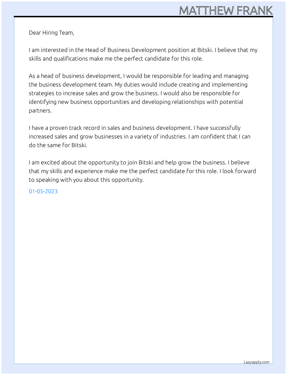 Head of Business Development At Bitski Cover Letter