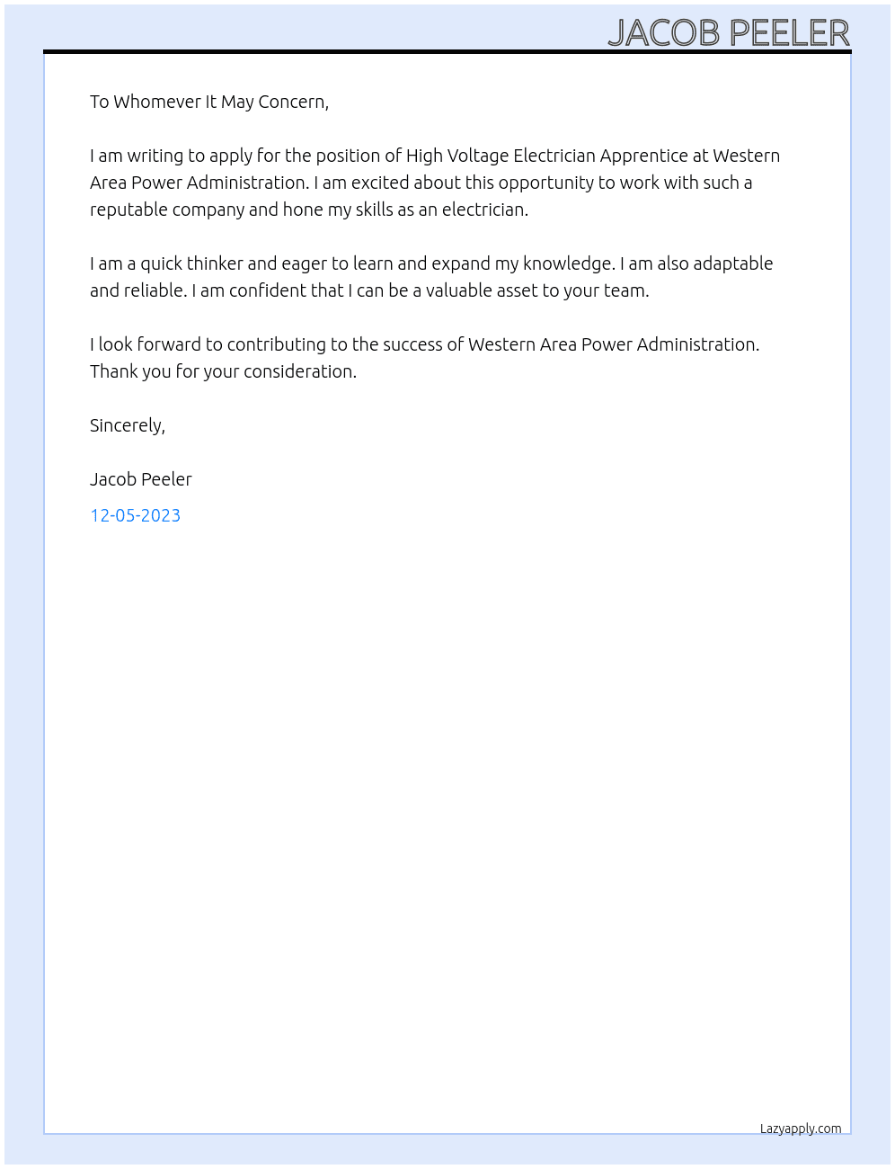 High voltage Electrician Apprentice At Western Area Power Administration Cover Letter