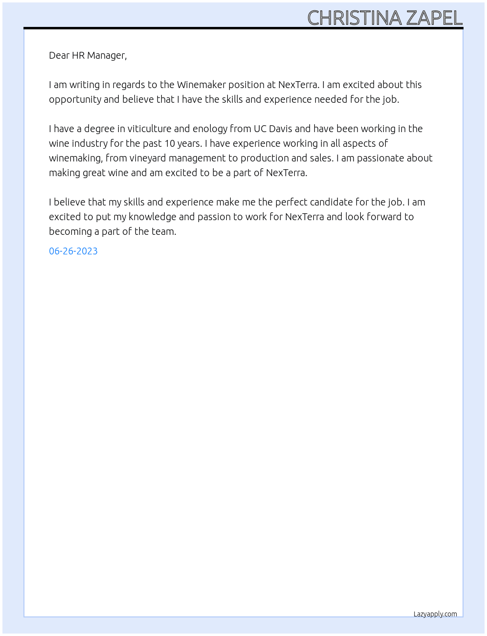 Winemaker At NexTerra Cover Letter