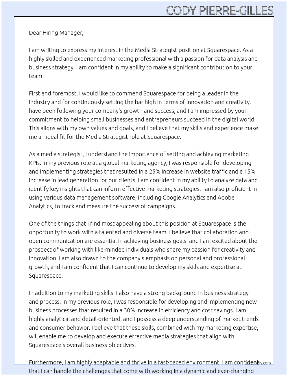 media strategist At Squarespace Cover Letter