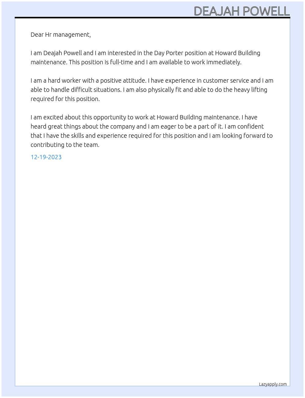 Day Porter  At Howard Building maintenance  Cover Letter