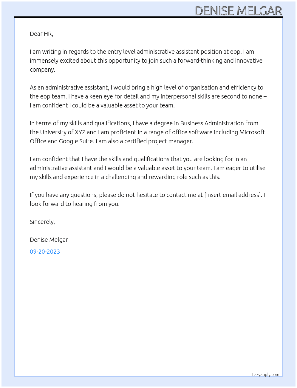 Entry level Administrative Assistant  At eop Cover Letter