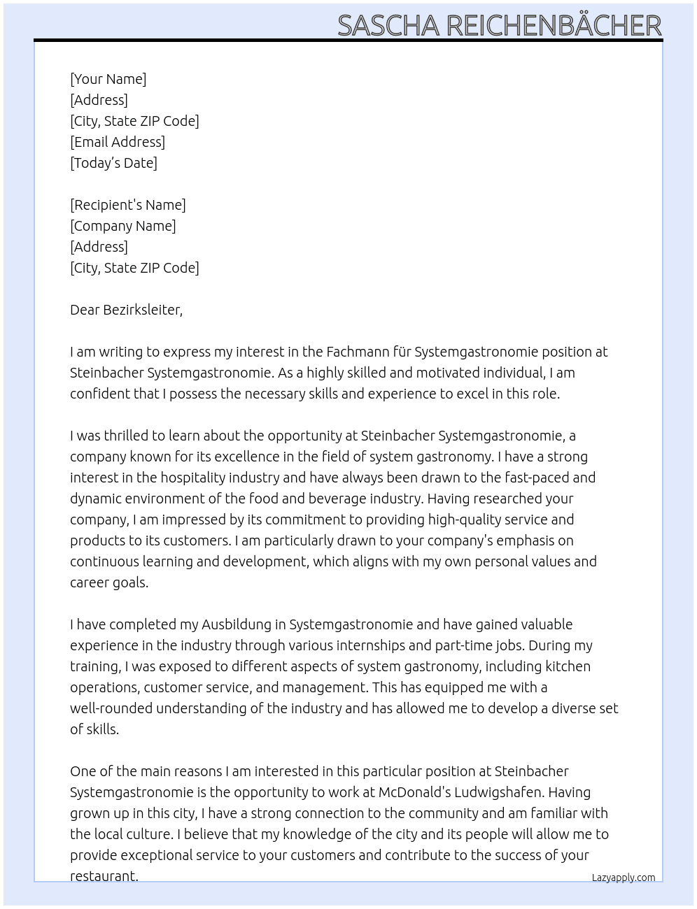 Fachmann für Systemgastronomie At Steinbacher Systemgastronomie Cover Letter
