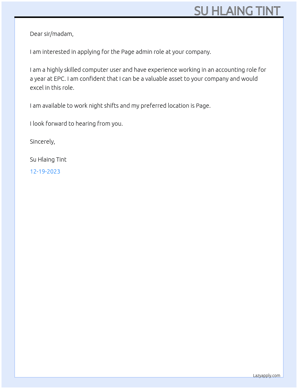 Page admin  At Page Cover Letter