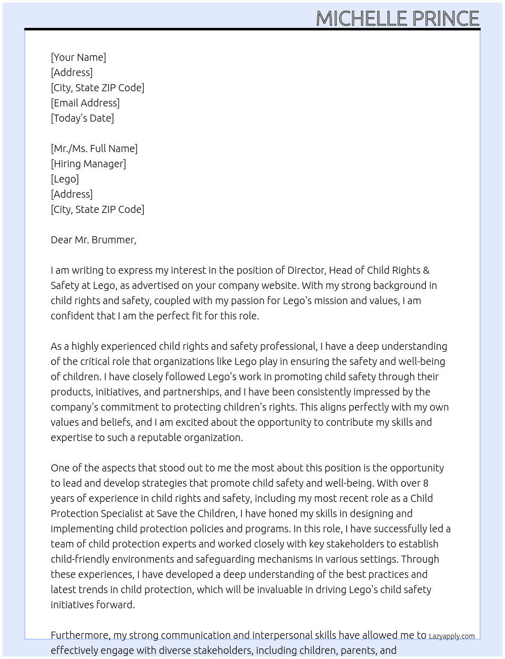Director, Head of Child Rights & Safety At Lego Cover Letter