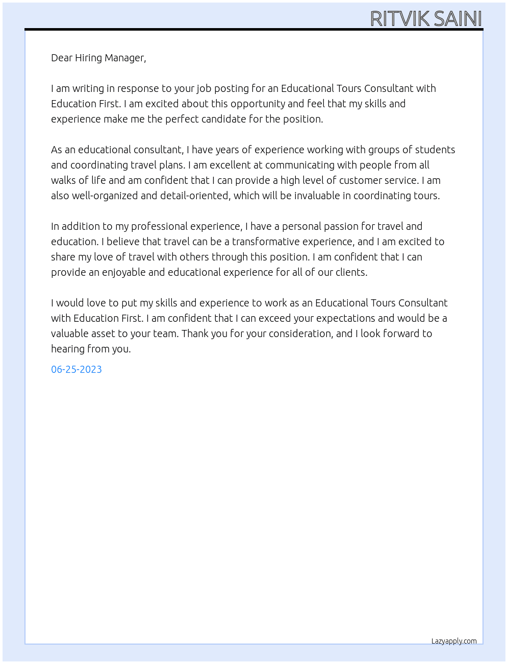 Educational Tours Consultant At Education First Cover Letter