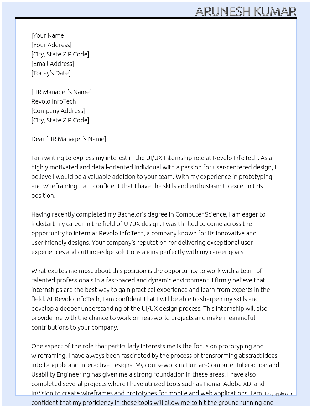 UI/UX At Revolo InfoTech Cover Letter