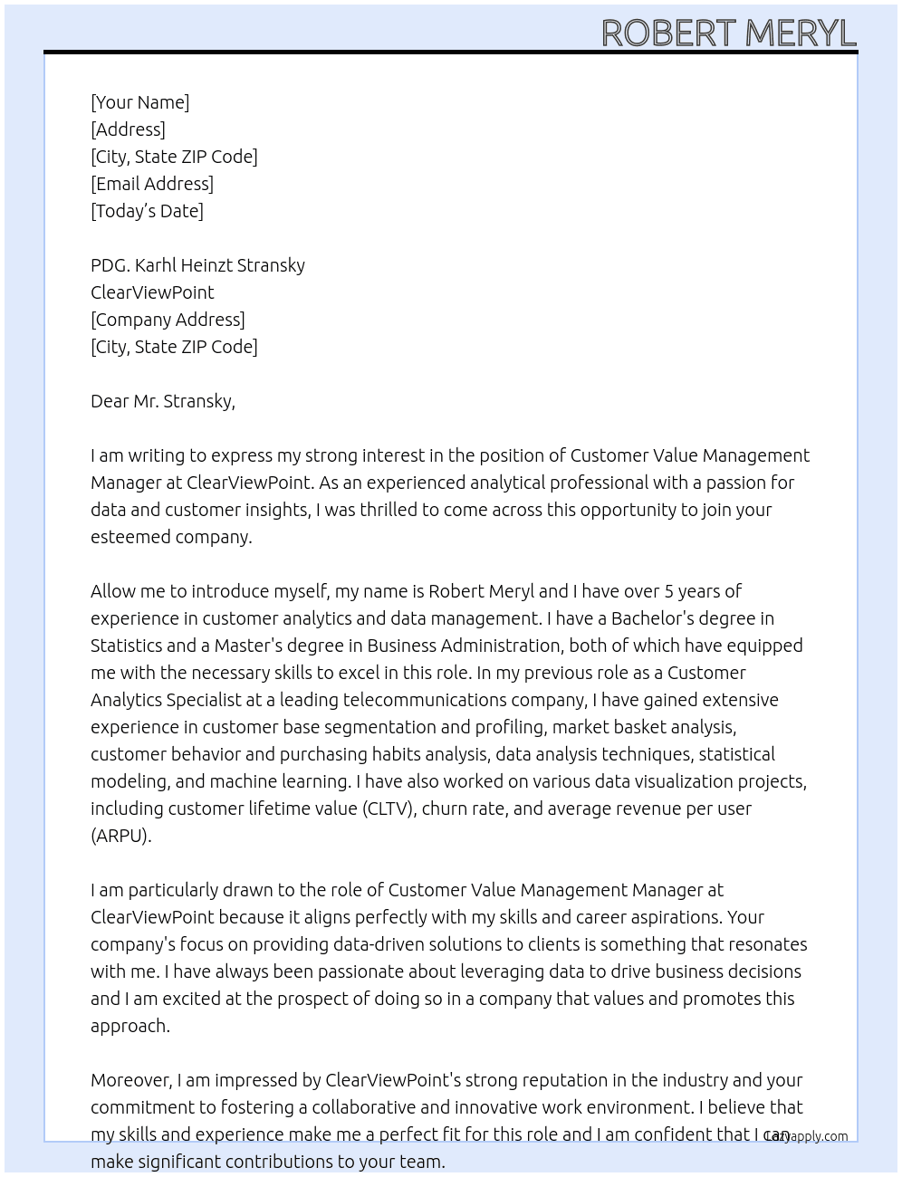 Customer Value Management Manager At ClearViewPoint Cover Letter