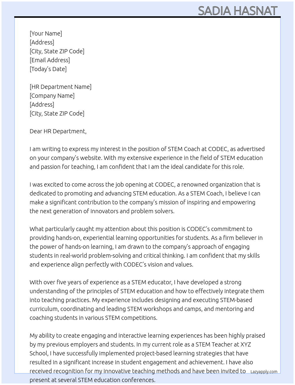 STEM Coach  At CODEC Cover Letter