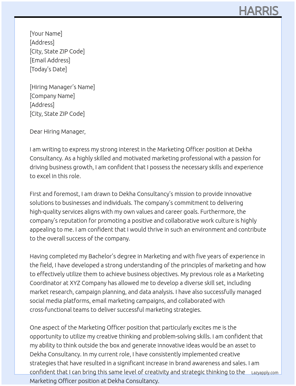 marketing officer At Dekha Consultancy Cover Letter