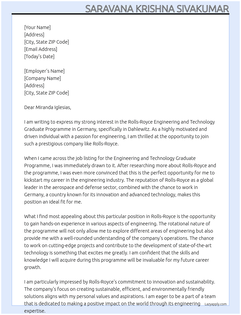 Rolls-Royce Engineering and Technology Graduate Programme Germany - Dahlewitz (f/m/d) At Rolls-Royce Cover Letter