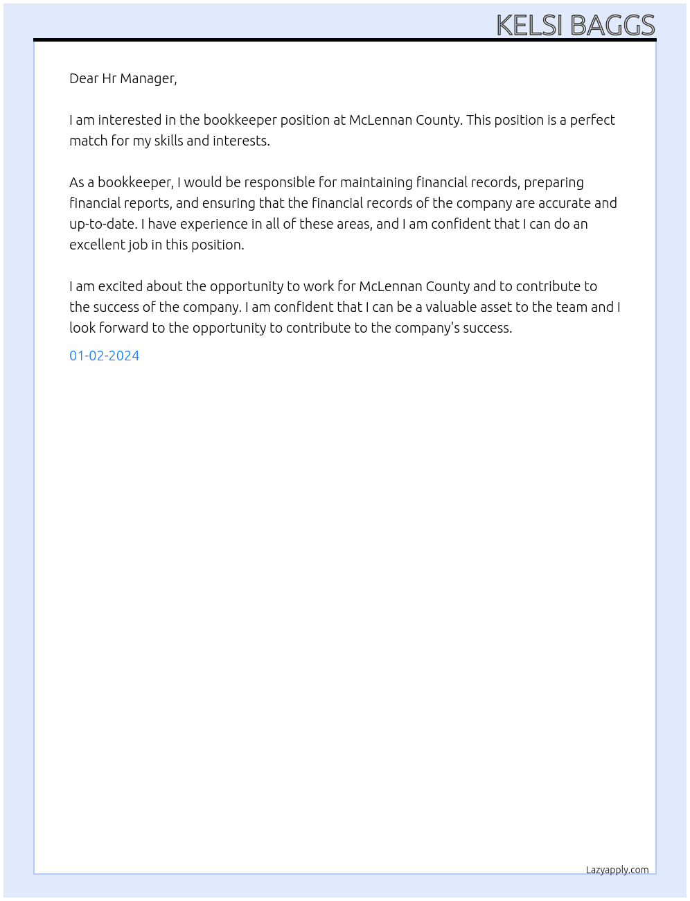 Bookkeeper At McLennan County Cover Letter