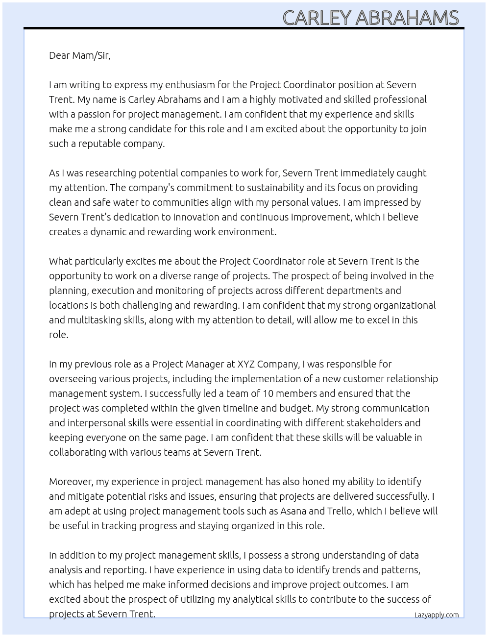 project co ordinator At Severn Trent  Cover Letter