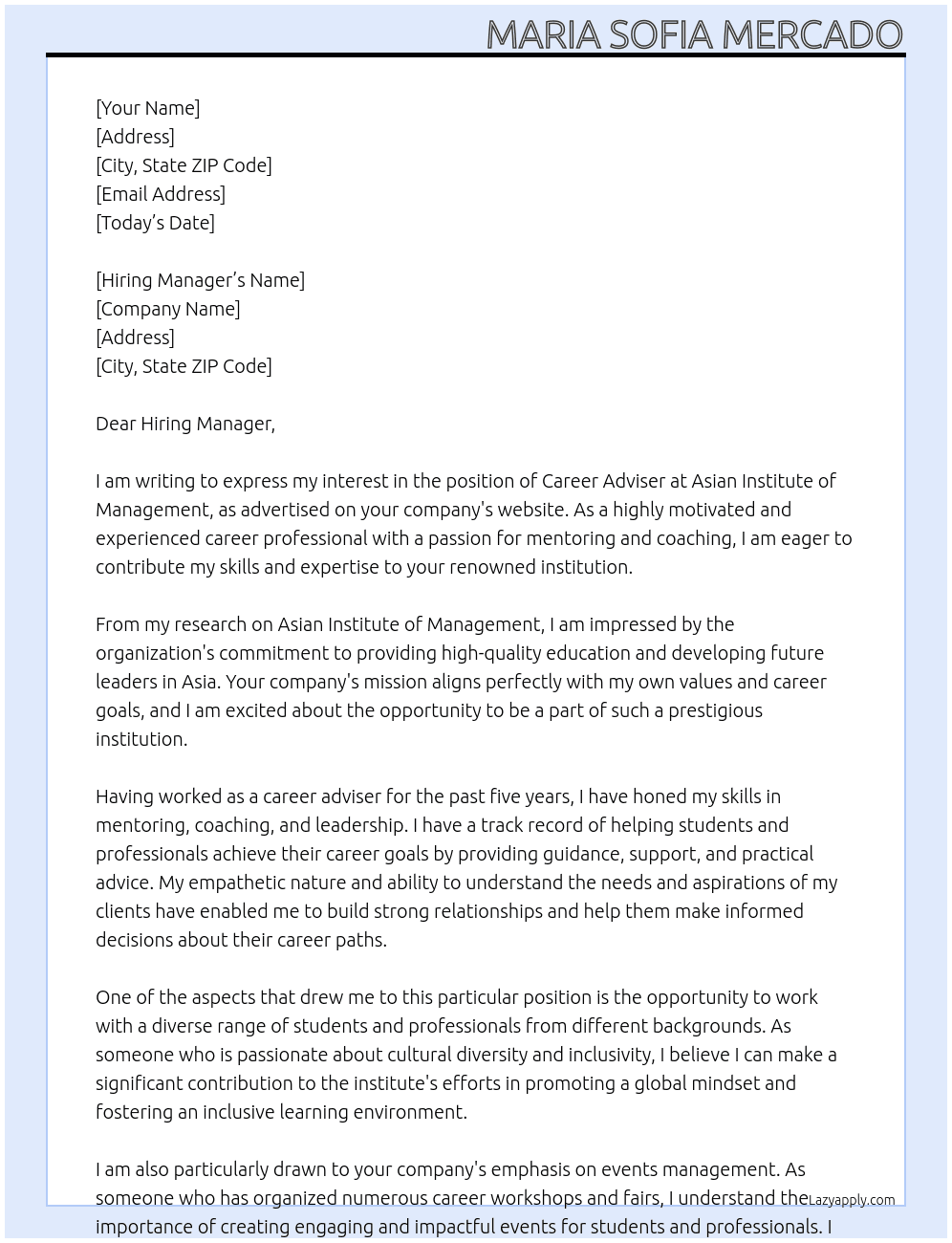 Career Adviser At Asian Institute of Management Cover Letter