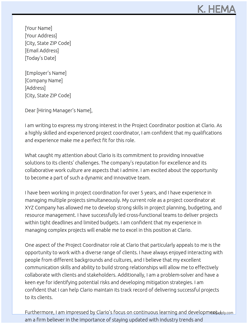  project cootdinator At Clario Cover Letter