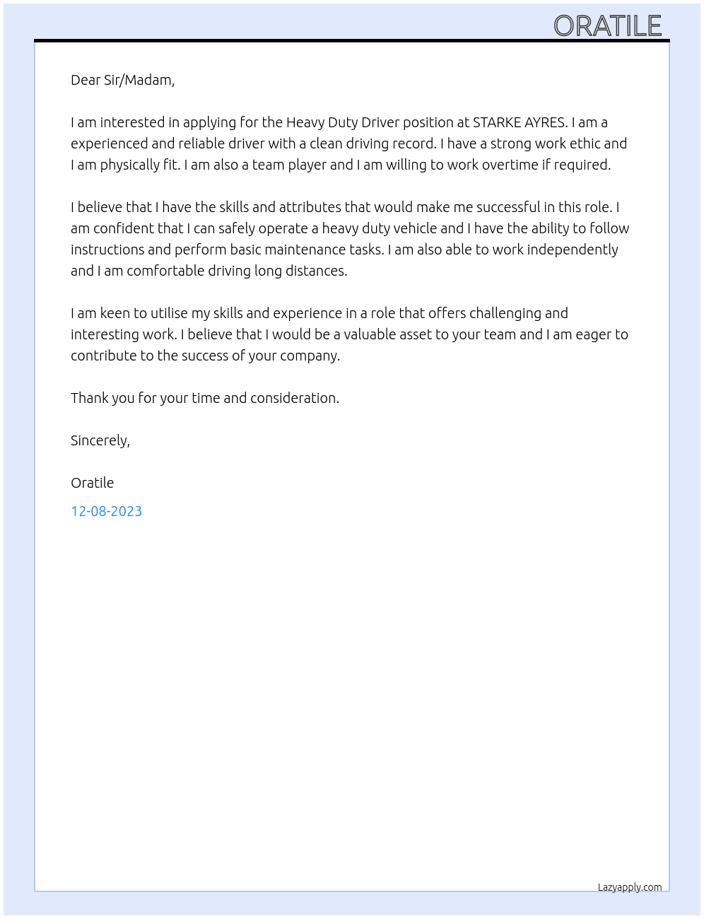 Heavy Duty Driver At STARKE AYRES Cover Letter