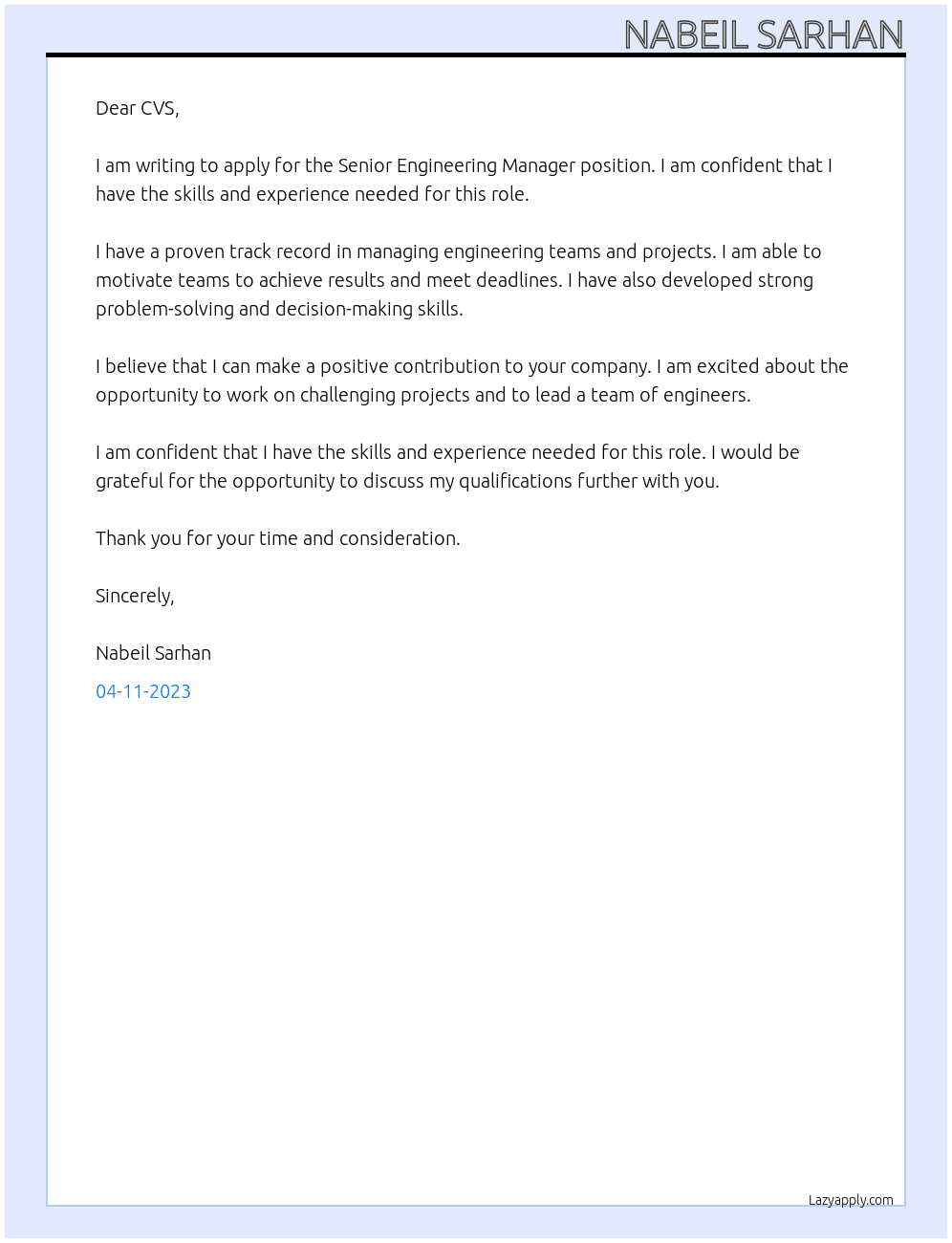 Senior Engineering Manager At CVS Cover Letter