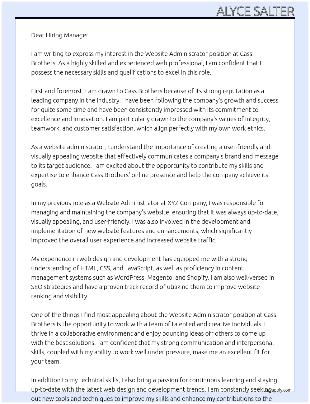 Website Administrator At Cass Brothers Cover Letter