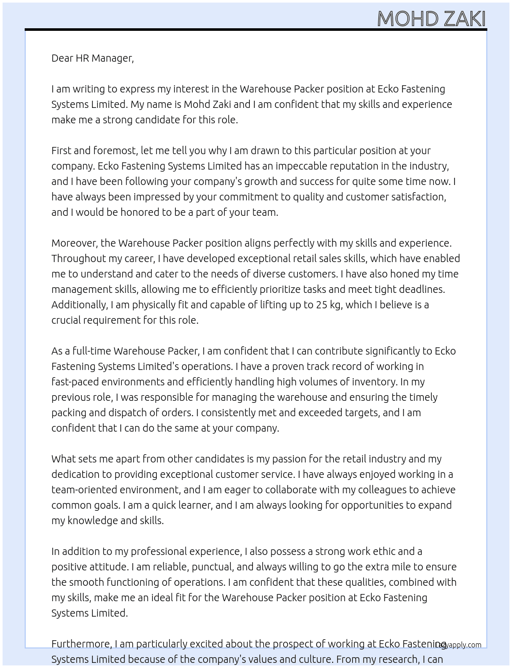 Warehouse Packer At Ecko Fastening Systems Limited Cover Letter